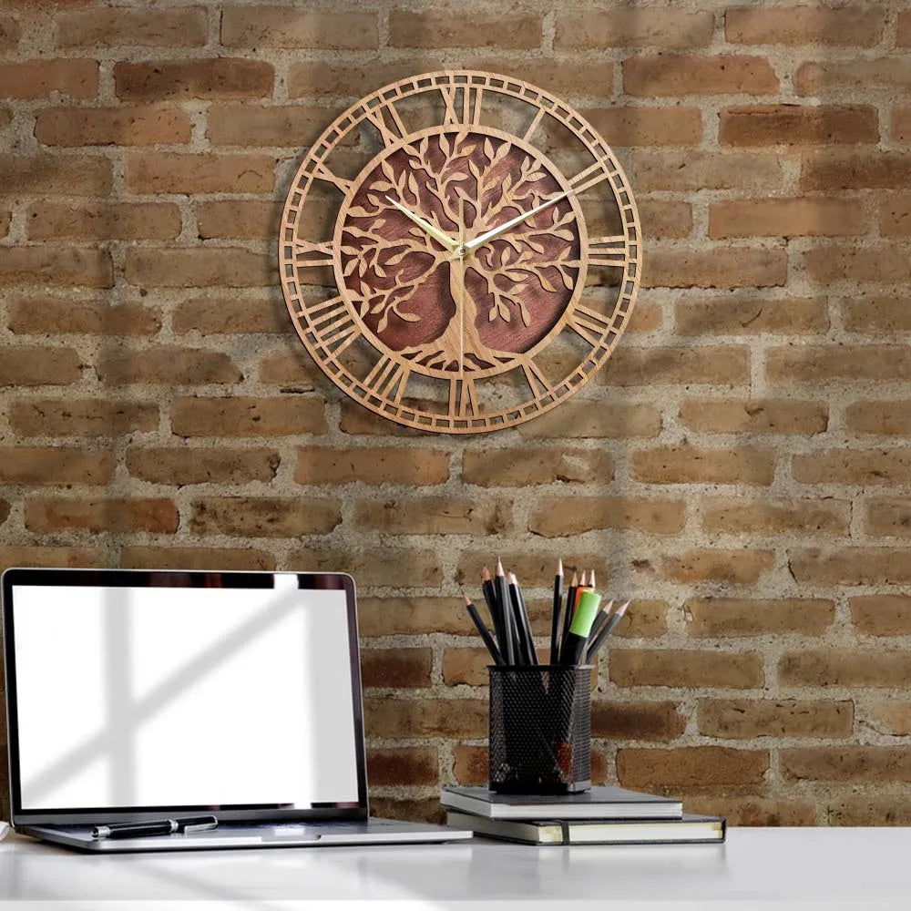 horloge murale en bois arbre de vie style ferme décorative et silencieuse - vue 8 sur 7