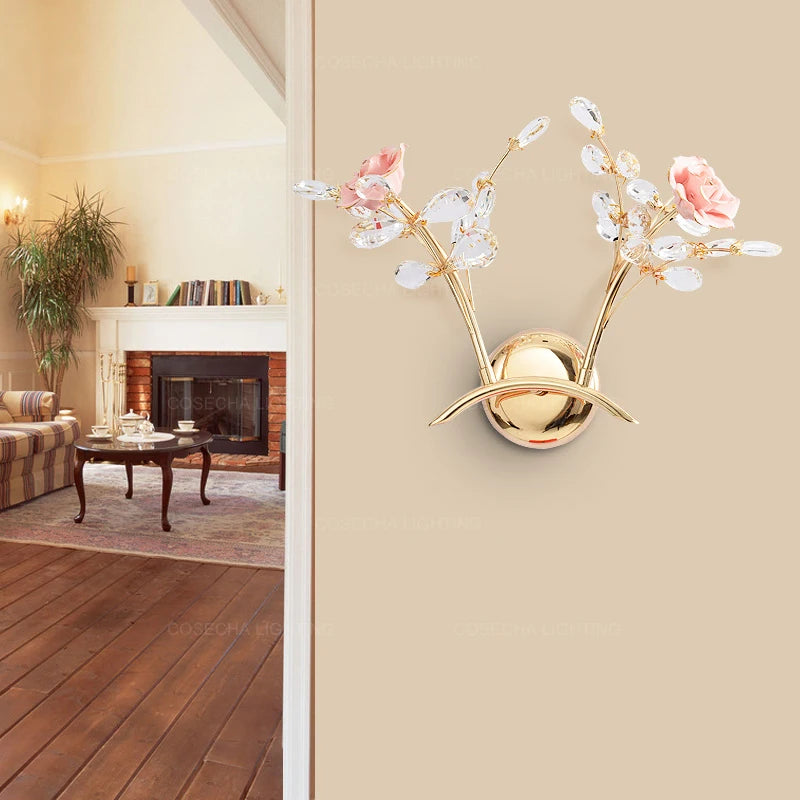 applique murale dorée en cristal et céramique à fleurs de luxe