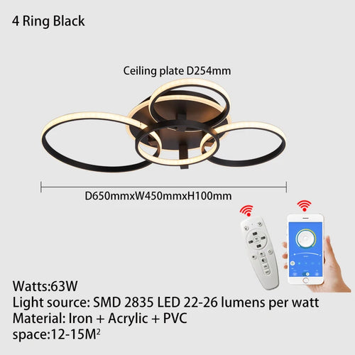 Lustre Led moderne anneau Led plafonniers salon chambre lumières plafond noir/blanc 1-5 anneau d'éclairage APP/lustre à distance - vue 15 sur 16