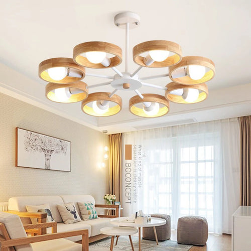 Lampe de lustre en bois nordique pour salon chambre salle à manger décor abat-jour en bois rond noir E27 Suspension - vue 4 sur 12