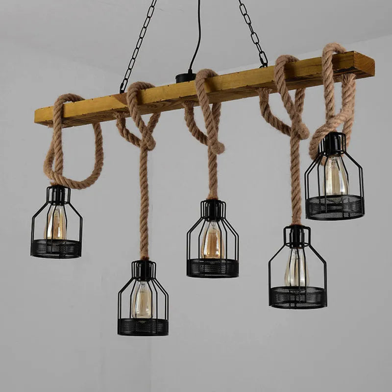5 têtes Loft suspension lampe salle à manger Restaurant café salon corde de chanvre bois plafond lustre éclairage Vintage Droplight
