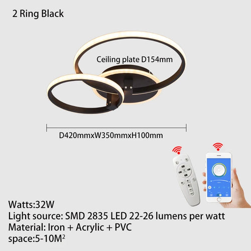 Lustre Led moderne anneau Led plafonniers salon chambre lumières plafond noir/blanc 1-5 anneau d'éclairage APP/lustre à distance - vue 11 sur 16