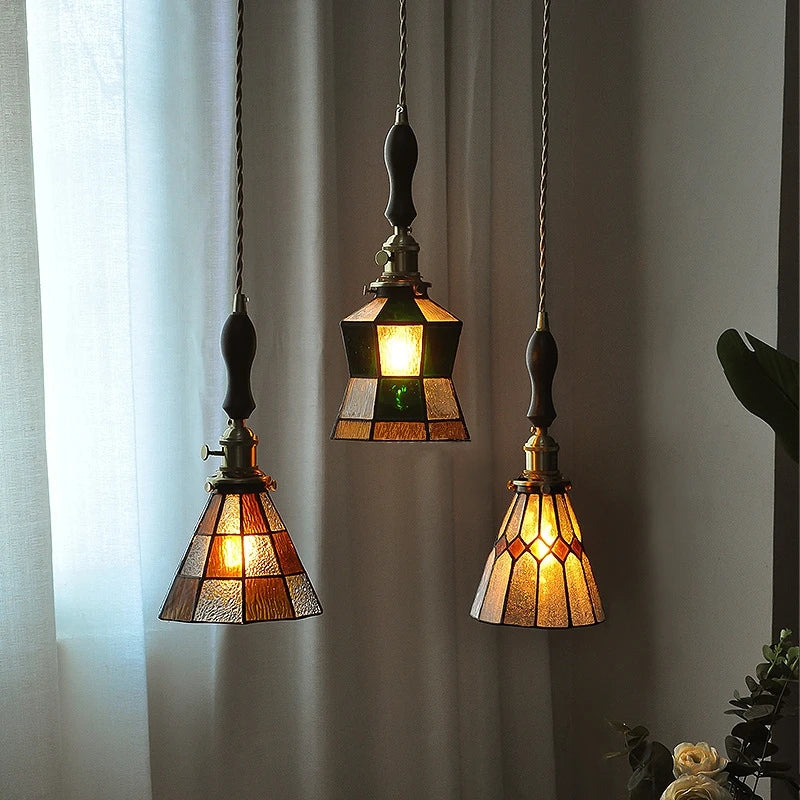 petit lustre nordique en cuivre avec verre coloré - vue 4 sur 14