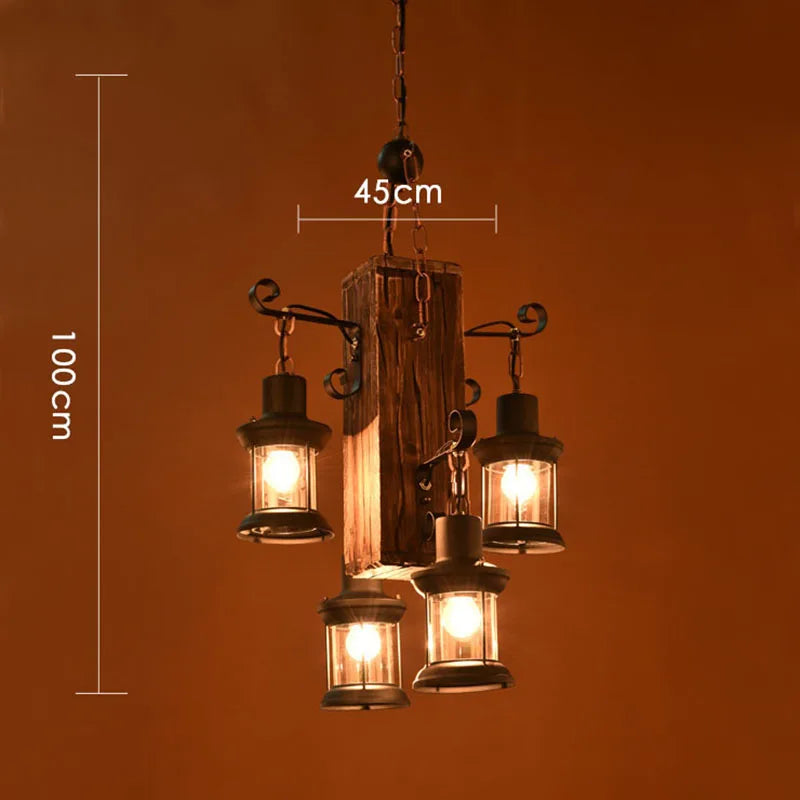 lustre rétro en bois 4 têtes pour hôtel café restaurant - vue 3 sur 7