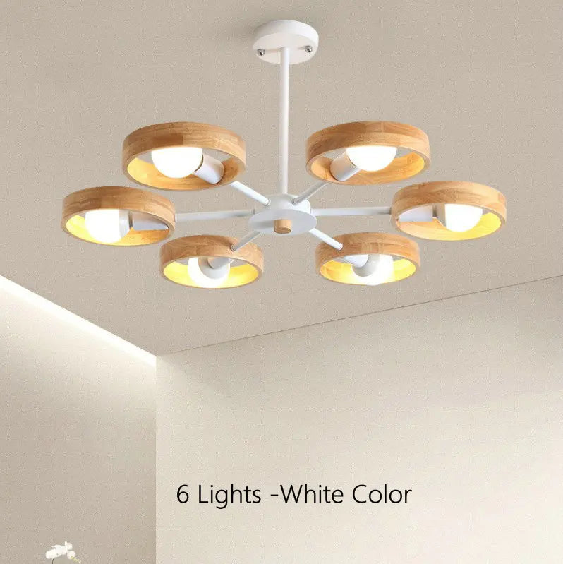 Lampe de lustre en bois nordique pour salon chambre salle à manger décor abat-jour en bois rond noir E27 Suspension - vue 8 sur 12