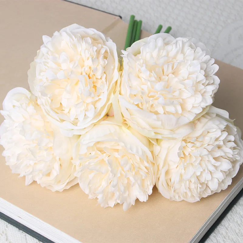 bouquet de 5 têtes de roses et pivoines artificielles pour mariage décoration - vue 10 sur 13