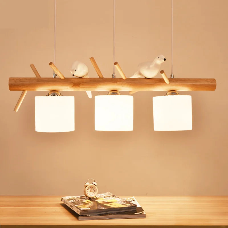 lustre en bois nordique avec éclairage en verre oiseaux 2 ou 3 têtes