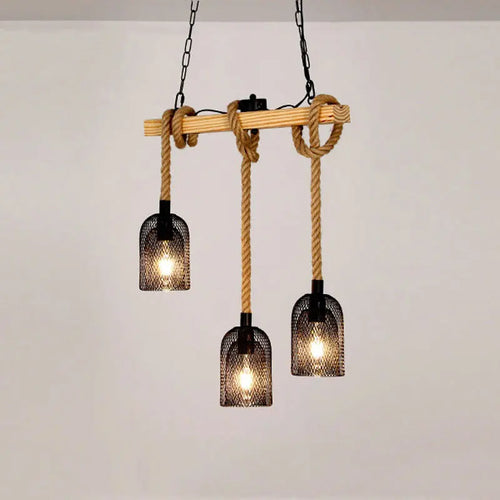 lustre industriel rétro avec 3 têtes en bois et corde de chanvre