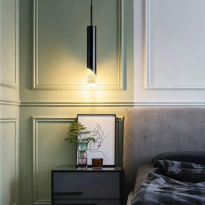 Lampe pendante de chevet de chambre à coucher post-moderne LED E27 ampoule noir cuivre salon table suspendue luminaires suspendus - vue 5 sur 9