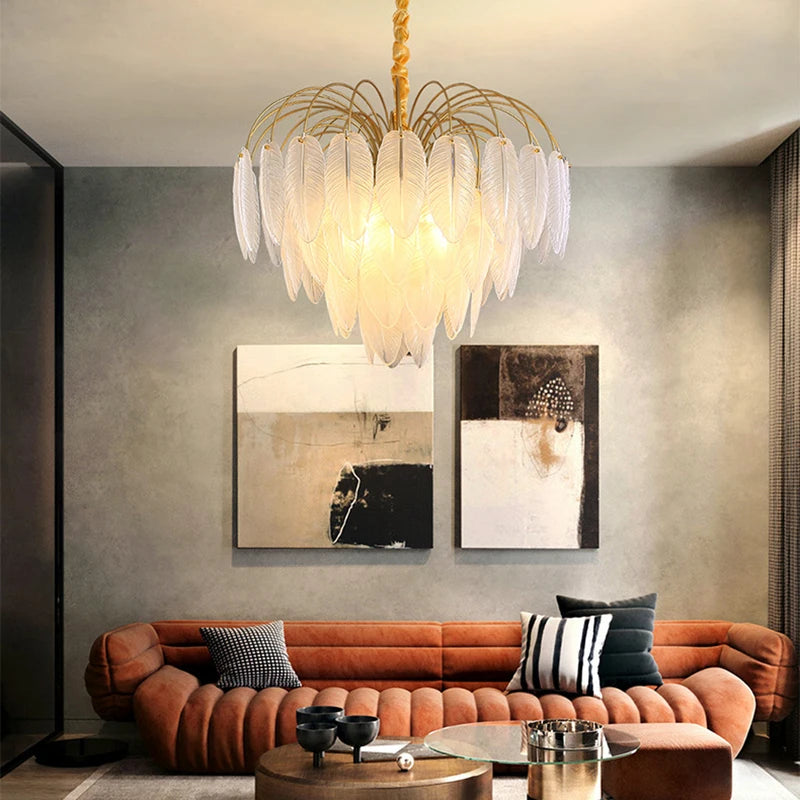 LED moderne verre blanc plume d'oie or argent Lustre éclairage Lustre lampes suspendues Suspension Luminaire Lampen pour Foyer - vue 4 sur 15