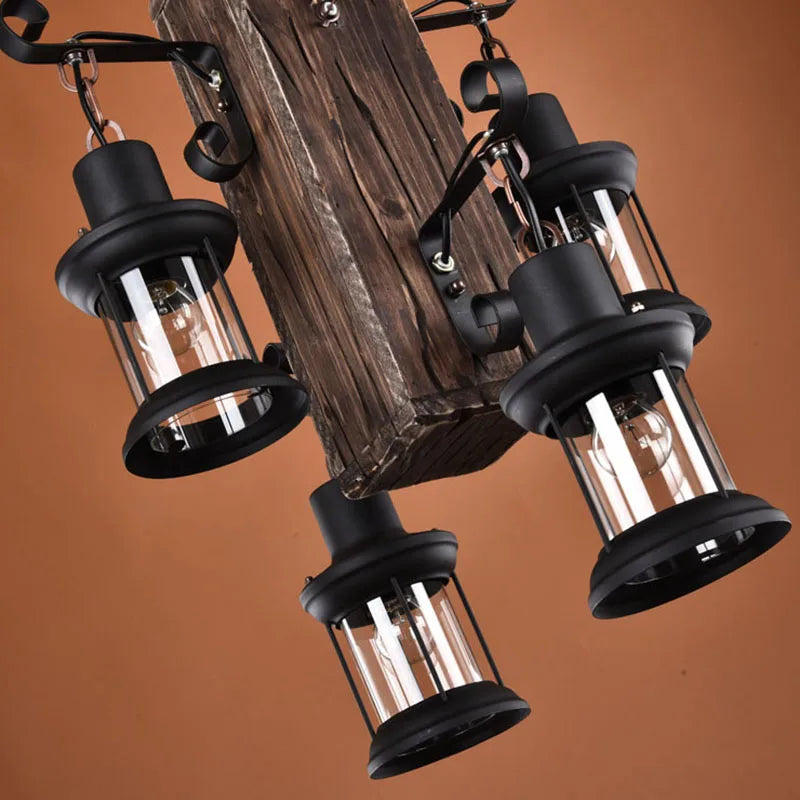 lustre rétro en bois 4 têtes pour hôtel café restaurant - vue 6 sur 7