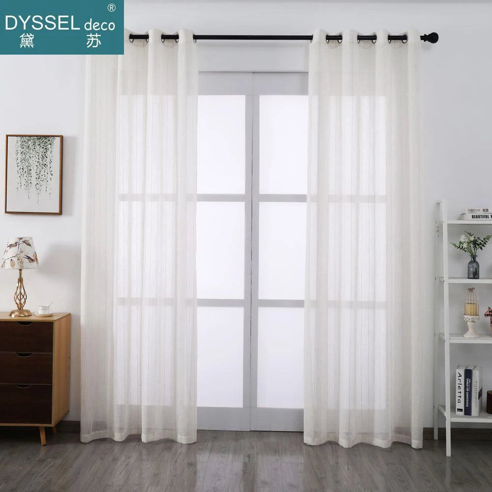 Voilage tulle flammé à rayures style naturel salon chambre - vue 4 sur 7