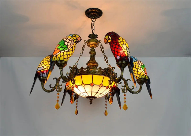 lustre tiffany vitrail lumineux oiseau perroquet design élégant intérieur - vue 14 sur 14