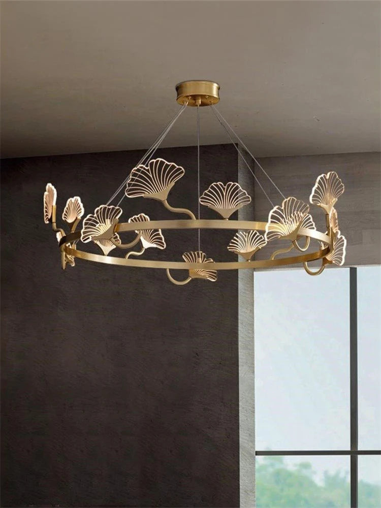 lustre en cuivre simple avec feuilles led style chinois