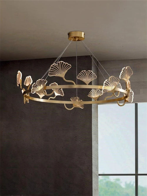 lustre en cuivre simple avec feuilles design led style chinois - vue 3 sur 9