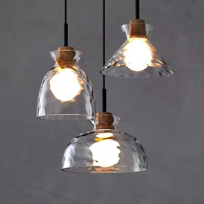 suspension led en verre grain d'eau et bois nordique rétro