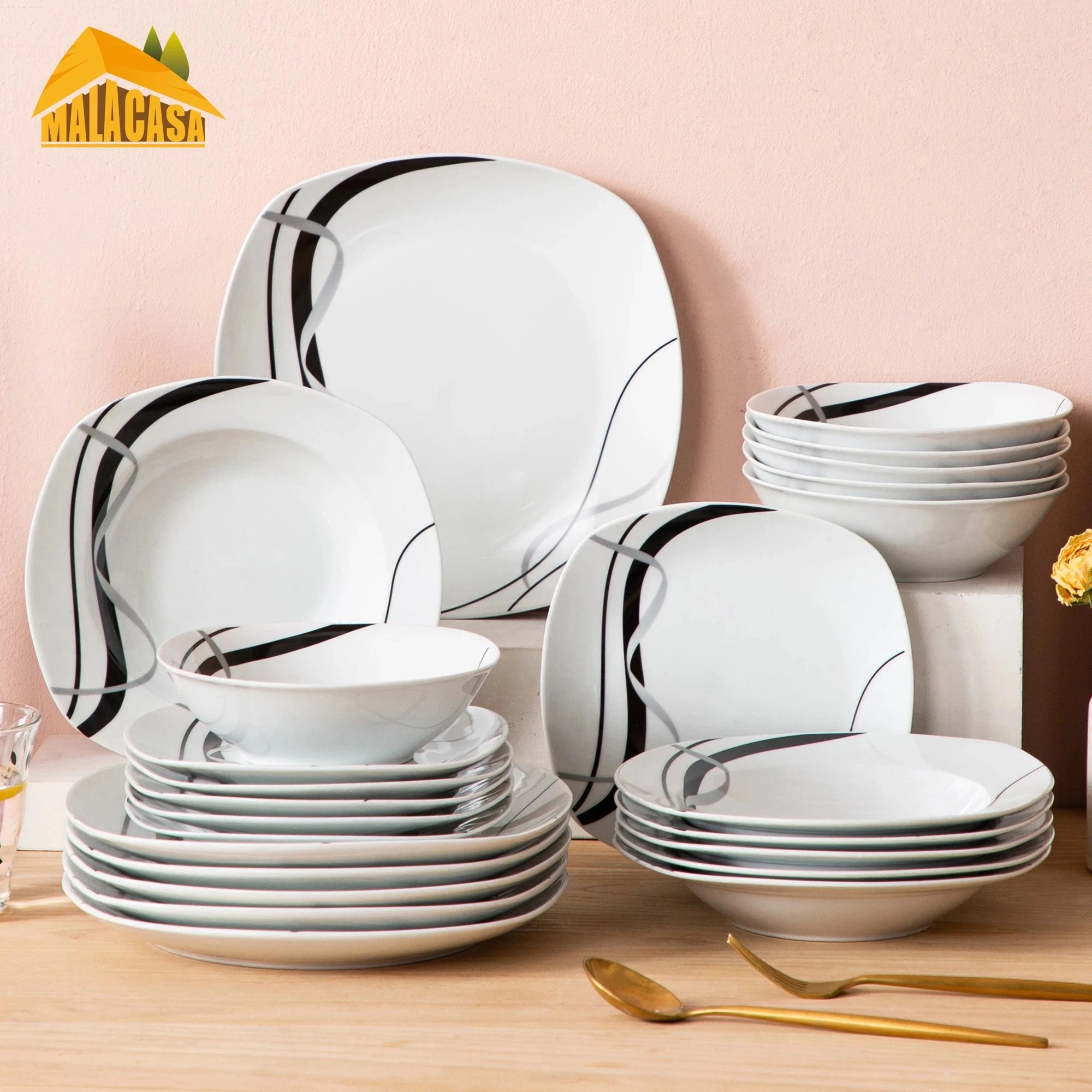 Service de table 24 pieces ceramique carre raye