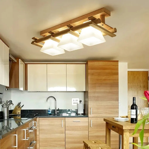 plafonnier led japonais avec abat-jour en verre et base en bois - vue 6 sur 18
