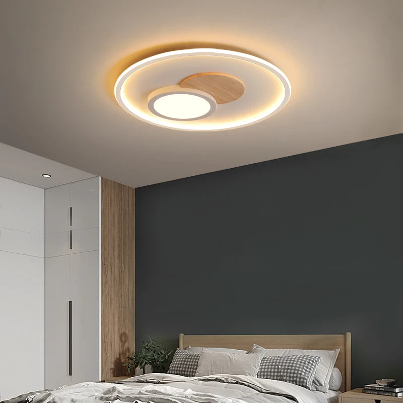 plafonnier rond moderne en bois véritable avec leds décoratives - vue 3 sur 16