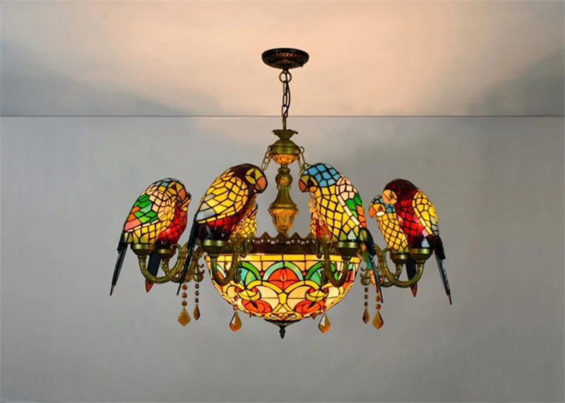 lustre tiffany vitrail lumineux oiseau perroquet design élégant intérieur
