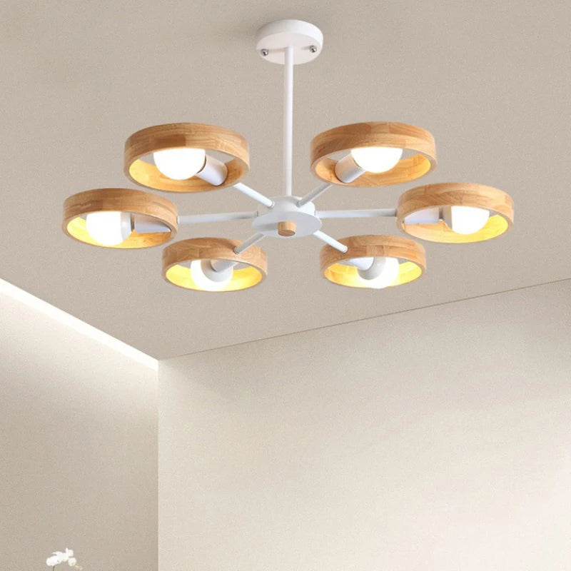 Lampe de lustre en bois nordique pour salon chambre salle à manger décor abat-jour en bois rond noir E27 Suspension - vue 5 sur 12