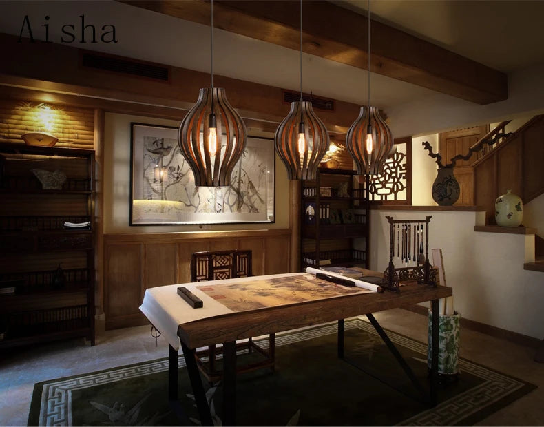 lustre rétro en bois style sud-est asiatique pour décoration intérieure - vue 4 sur 7