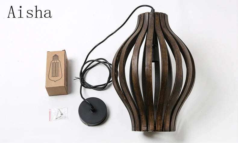 lustre rétro en bois style asiatique pour décoration intérieure - vue 6 sur 7