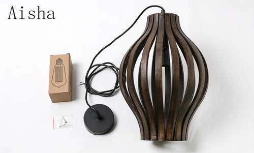 lustre rétro en bois style sud-est asiatique pour décoration intérieure - vue 6 sur 7