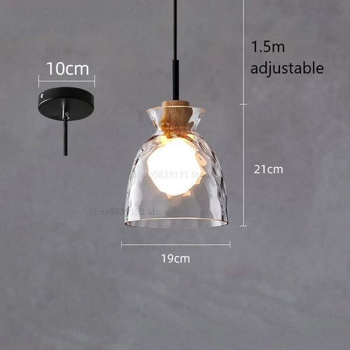 suspension led en verre grain d'eau et bois nordique rétro - vue 10 sur 11