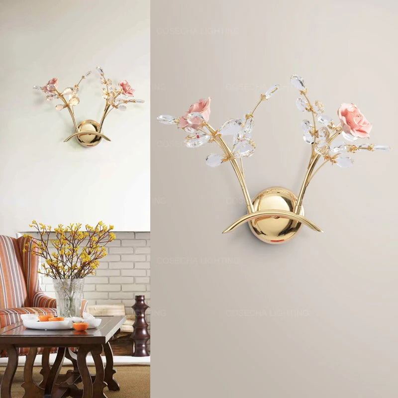 applique murale dorée en cristal et céramique à fleurs de luxe