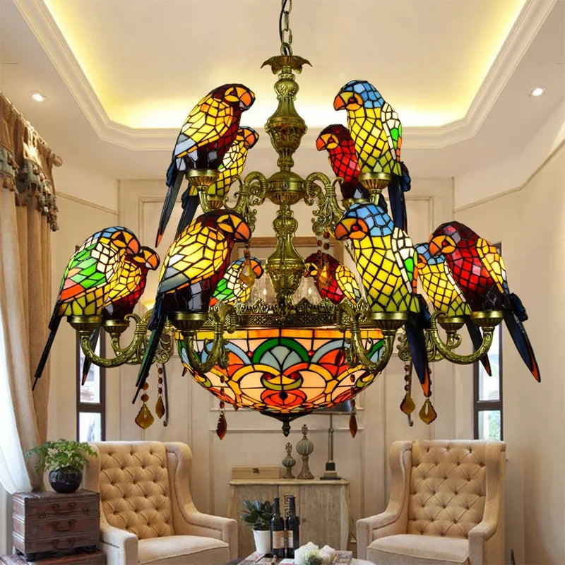 lustre tiffany vitrail lumineux oiseau perroquet design élégant intérieur
