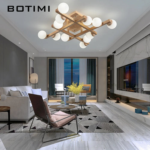 Plafonniers en bois avec abat-jour en verre pour salon moderne monté en Surface Lustres en bois carrés chambre à coucher Luminaire - vue 6 sur 9