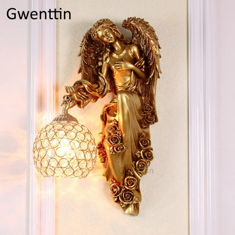 HAMPPLIES Statue Ange Murale Résine Rétro Dorée Décoration