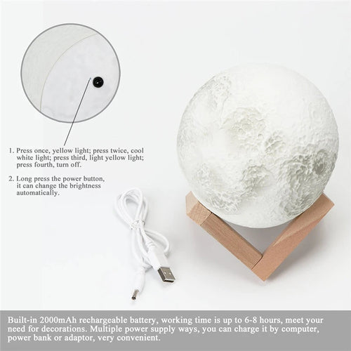 lampe lune 3d rechargeable avec changement de couleur tactile - vue 2 sur 10