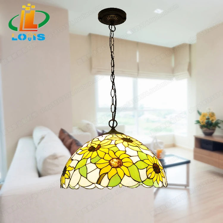lustre en verre tiffany avec tournesols pour éclairage tendance - vue 2 sur 6