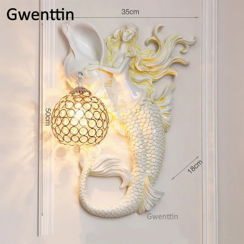 applique murale sirène en résine européenne avec lumière LED décorative