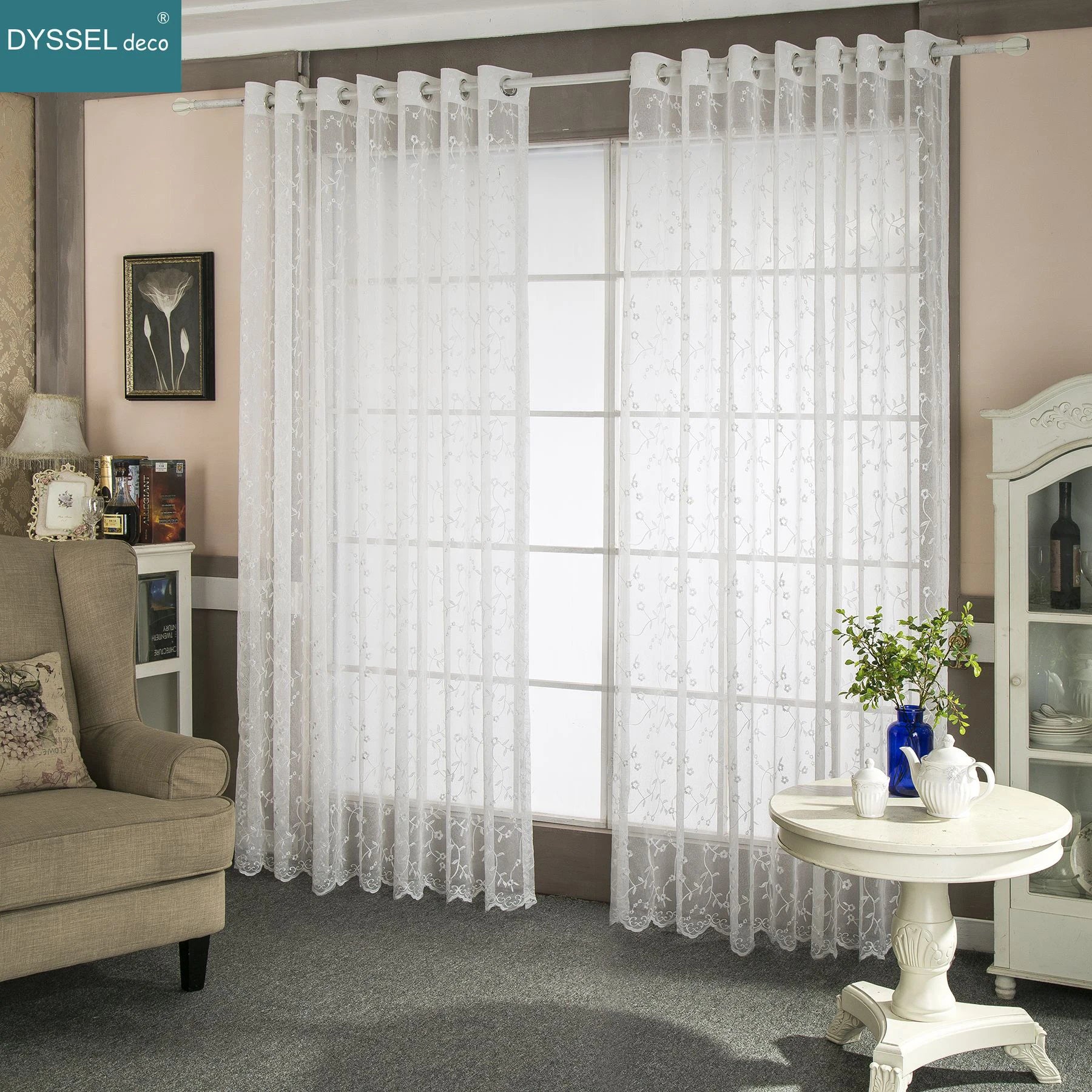 Rideau transparent brodé motif floral style rétro salon - vue 3 sur 8