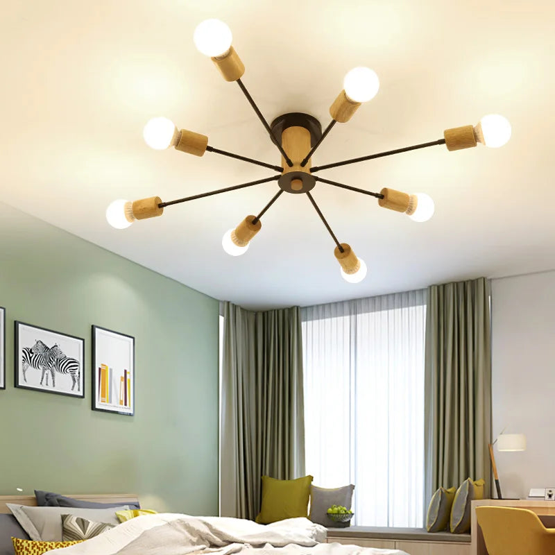 plafonnier moderne en bois massif lampe à led design créatif nordique - vue 3 sur 12