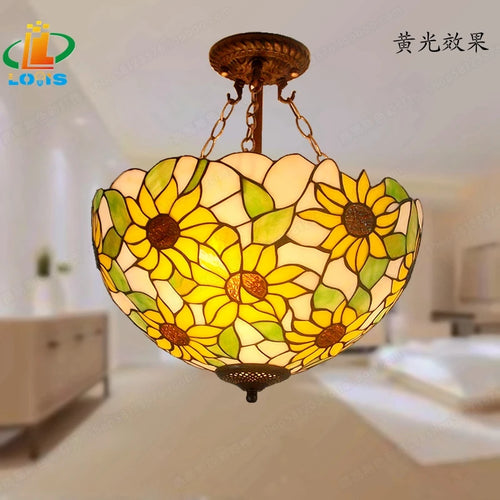 40CM Sunflower Yellow Glass Tiffanylamps Anti Chandeliers Bedroom, Living Room Lamps US French Bar Entrance Lighting - vue 4 sur 5
