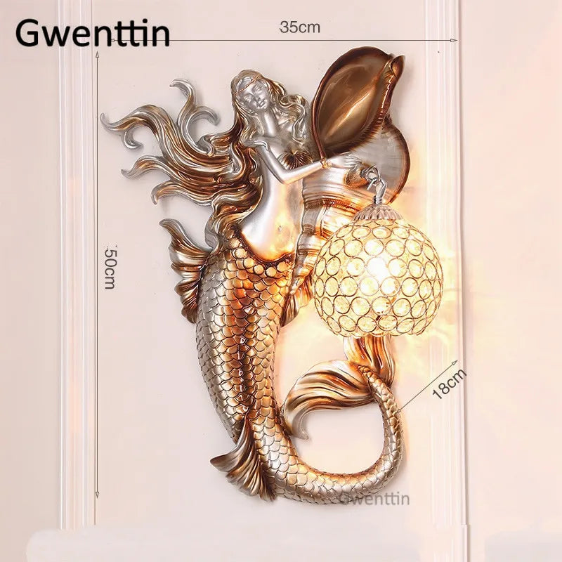 applique murale sirène en résine européenne avec lumière LED décorative - vue 10 sur 16