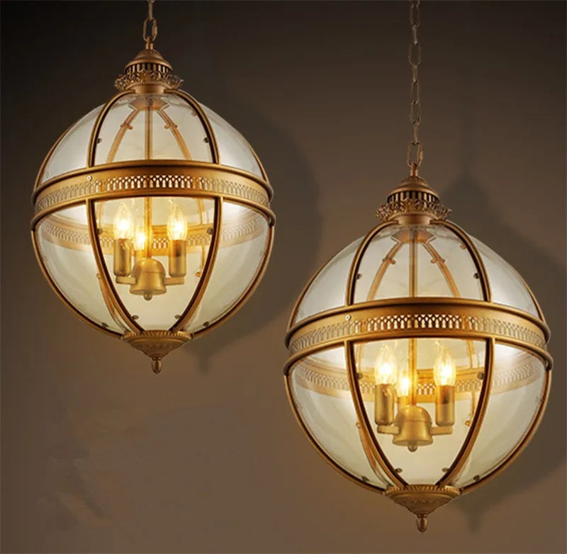 suspension vintage globe en fer forgé avec abat-jour en verre - vue 4 sur 8