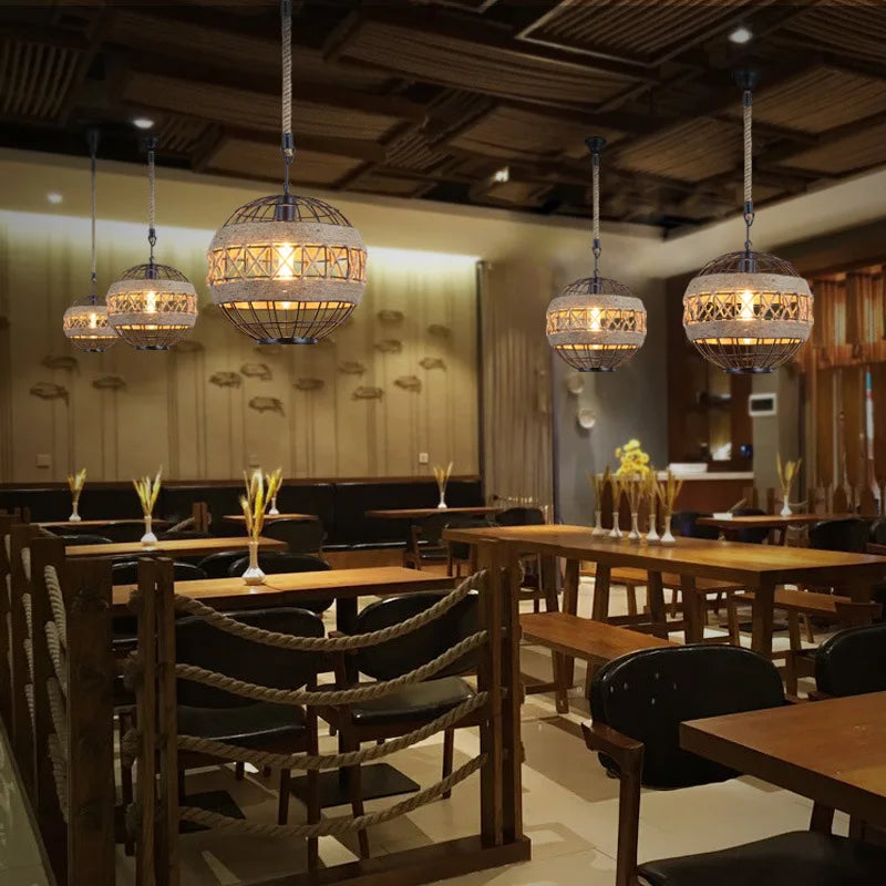 lustre rétro en corde de chanvre pour restaurant bar café