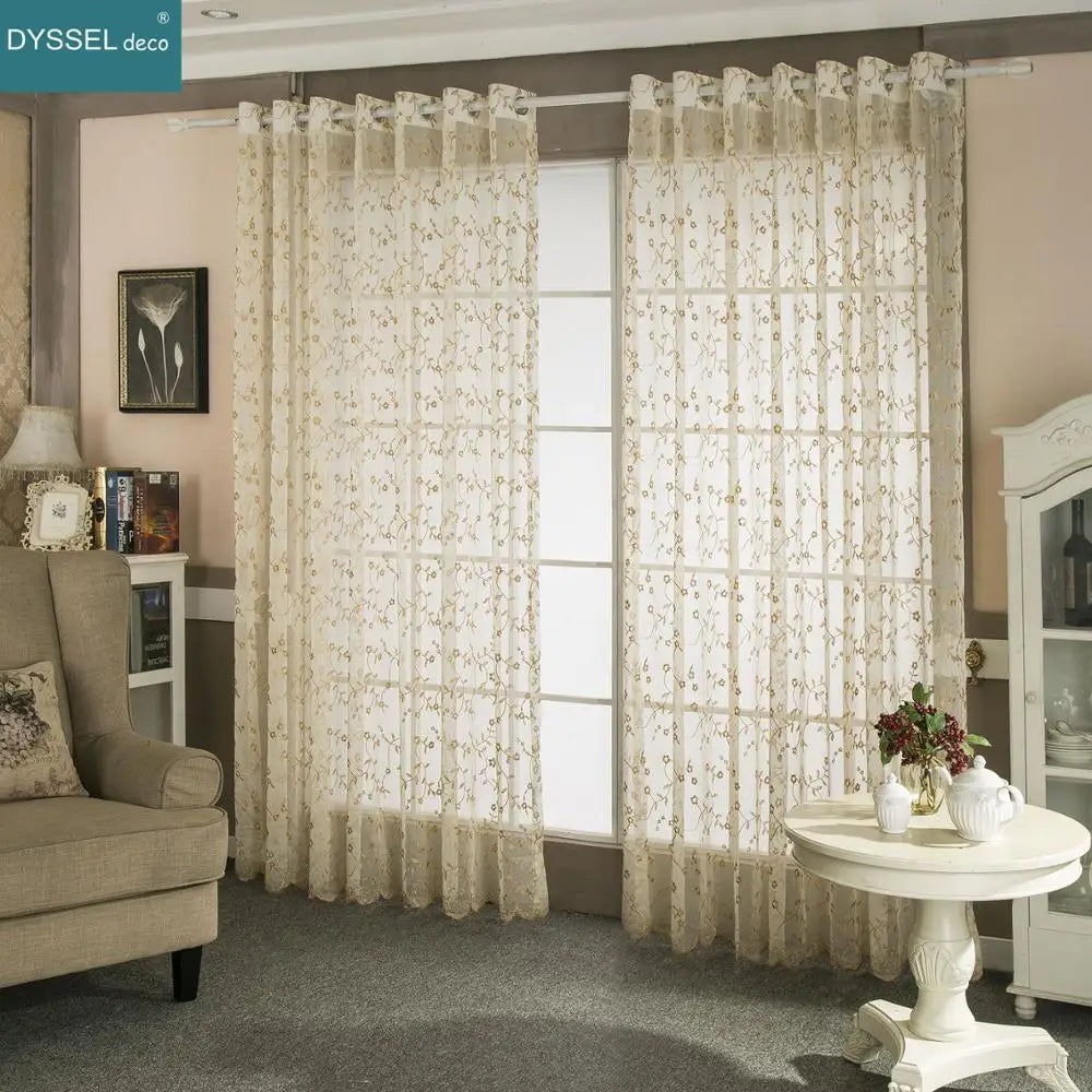 Rideau transparent brodé motif floral style rétro salon - vue 6 sur 8