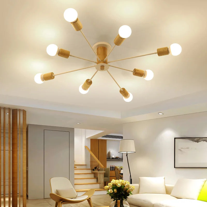 plafonnier moderne en bois massif lampe à led design créatif nordique - vue 5 sur 12