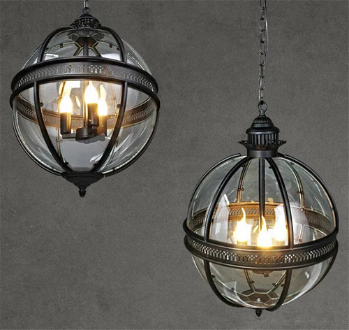suspension vintage globe en fer forgé avec abat-jour en verre - vue 3 sur 8