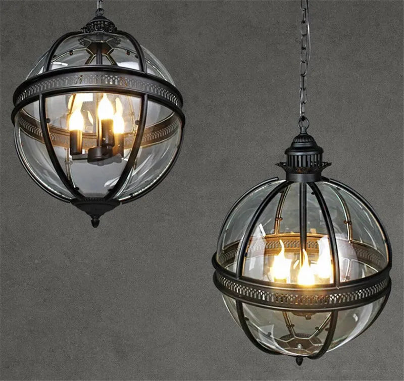 suspension vintage globe en fer forgé avec abat-jour en verre