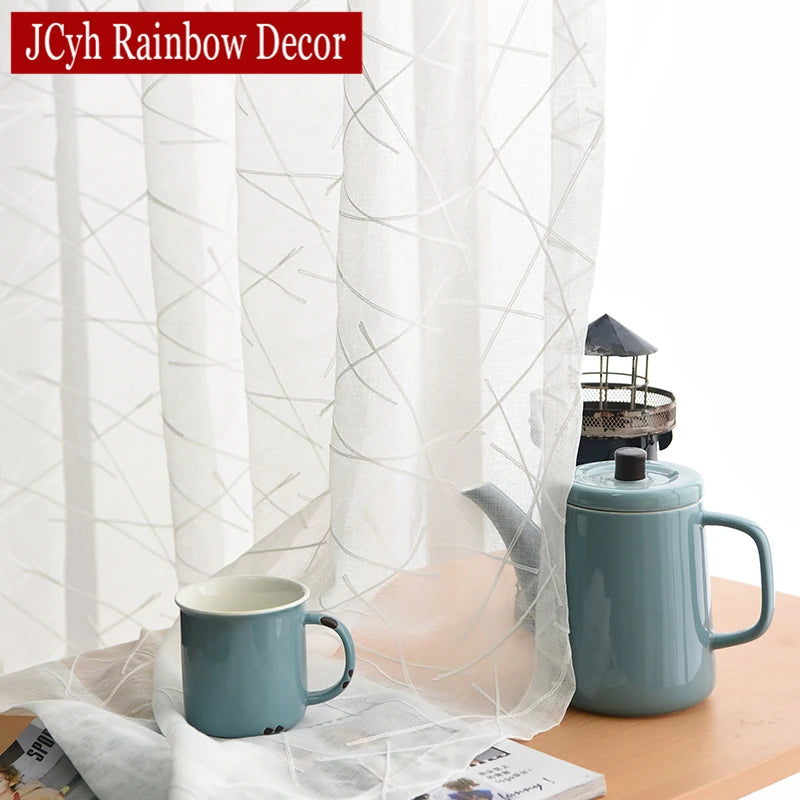 Voilage tulle brodé rayé style moderne salon chambre - vue 4 sur 7