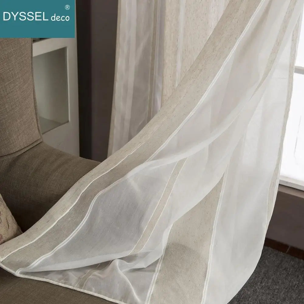Rideau lin rayé style naturel plis plats moderne - vue 6 sur 7