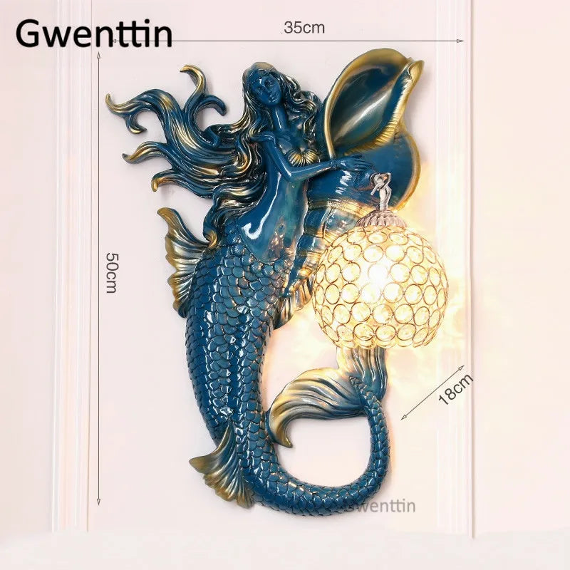 applique murale sirène en résine européenne avec lumière LED décorative - vue 9 sur 16