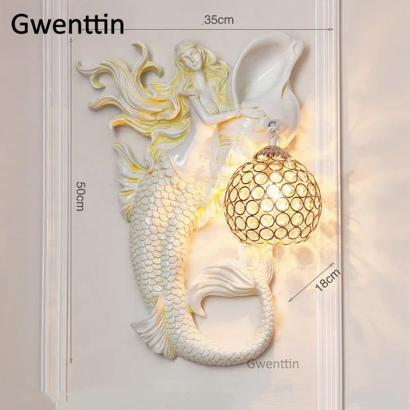applique murale sirène en résine européenne avec lumière LED décorative - vue 14 sur 16